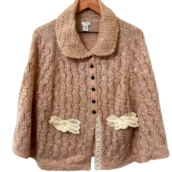 Odille Anthropologie Crochet Lace Sweater/Poncho Button Down Front Pockets OSFM - Picture 12 of 15